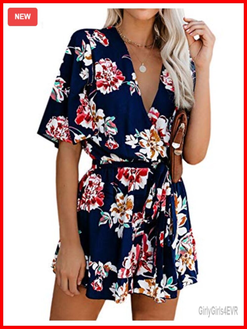 Women's Floral Print Romper V-Neck Ruffle Hem Flared Sleeve Waist Tie